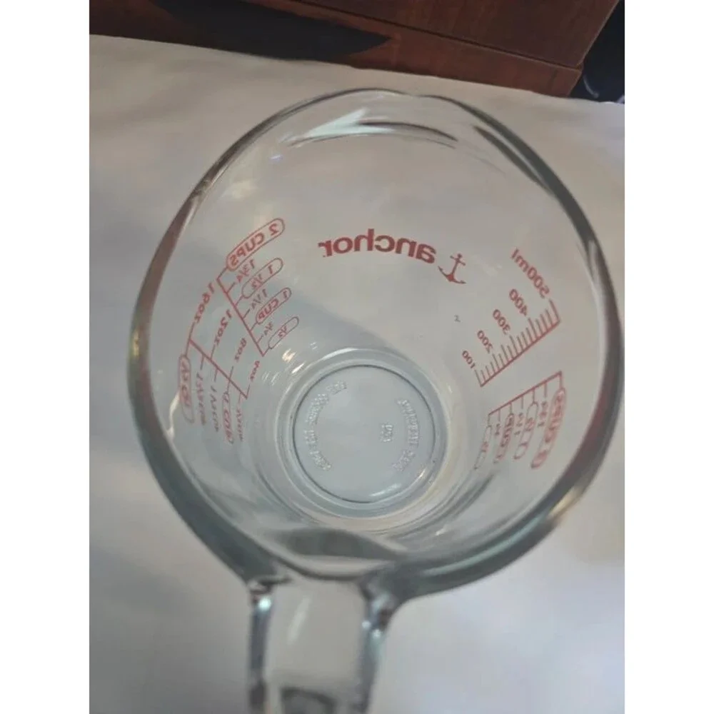 Anchor Hocking Clear Measuring Cup Glass 2-Cup Red Lettering Hook Handle USA